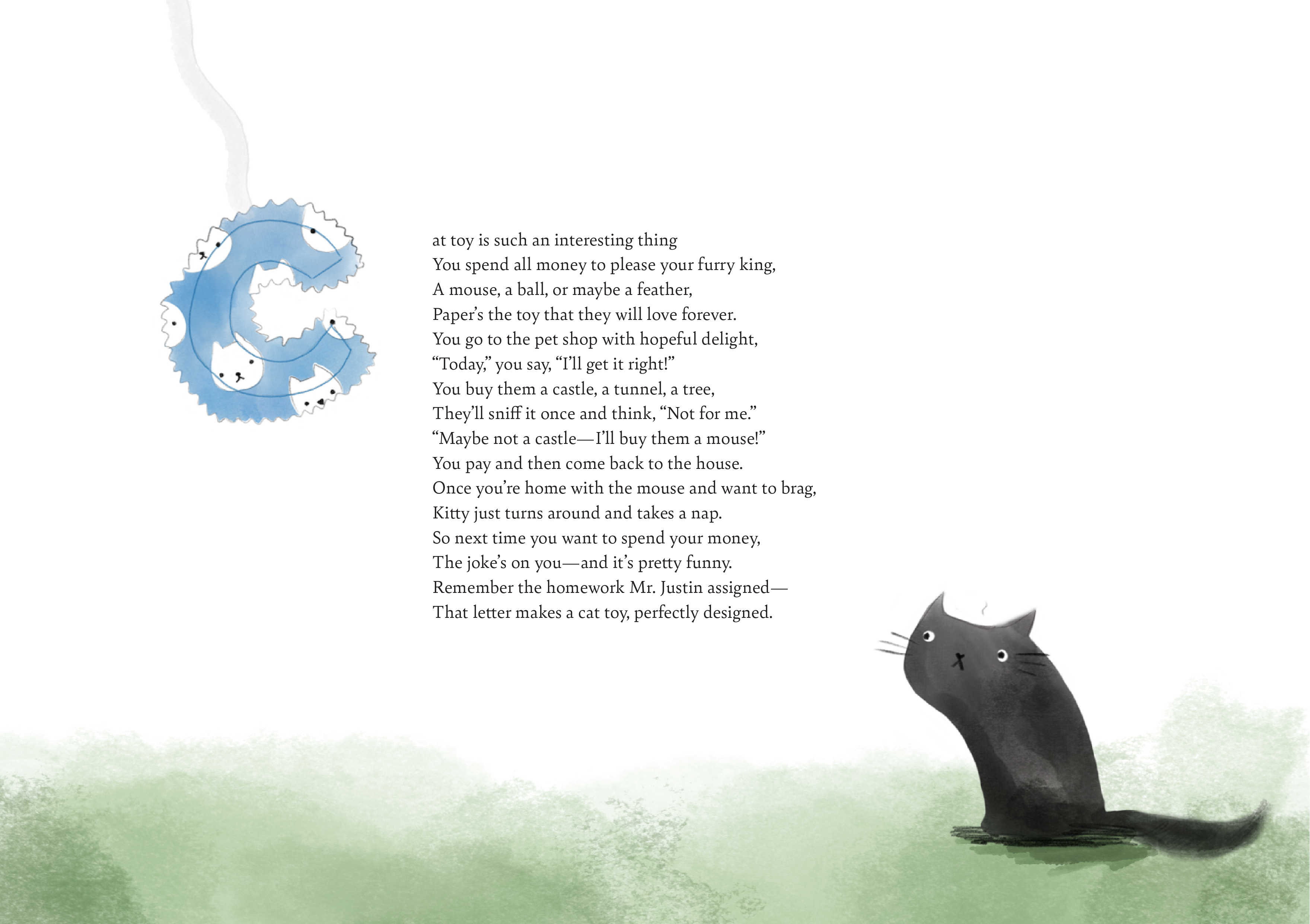 cat poem and a illustration of a black cat sitting on grass and an illustration of a letter c made out of cat patterned blue fabric.