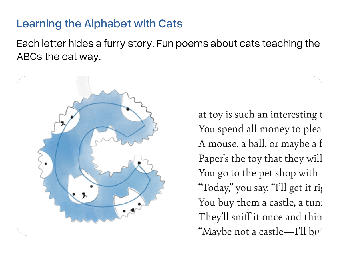 Preview image. A blue hand-drawn letter C with a white cat pattern, introducing a poem.