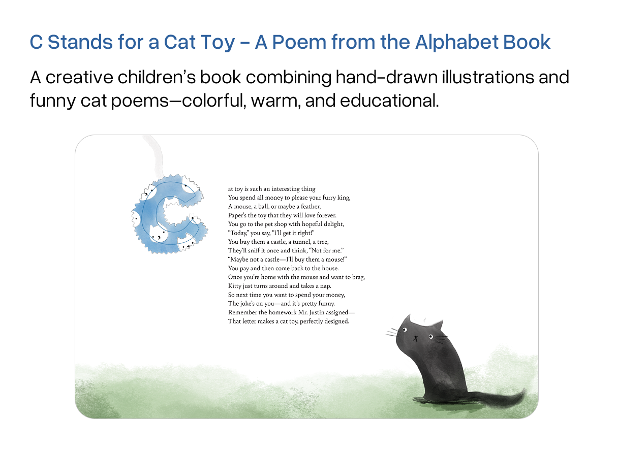 Preview image. A blue hand-drawn letter C with a white cat pattern, introducing a poem about a cat toy. Next to it, an illustration of a black cat sitting on the grass.