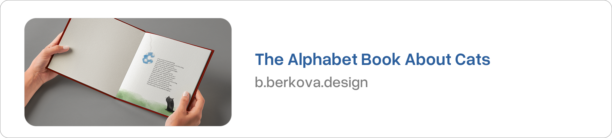 Preview image. An open book held in hands, showing a page with the letter C and a poem illustrated with a black cat sitting on a grass.