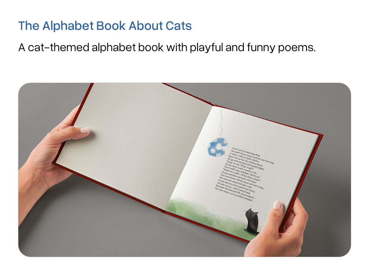Preview image. An open book held in hands, showing a page with the letter C and a poem illustrated with a black cat sitting on a grass.