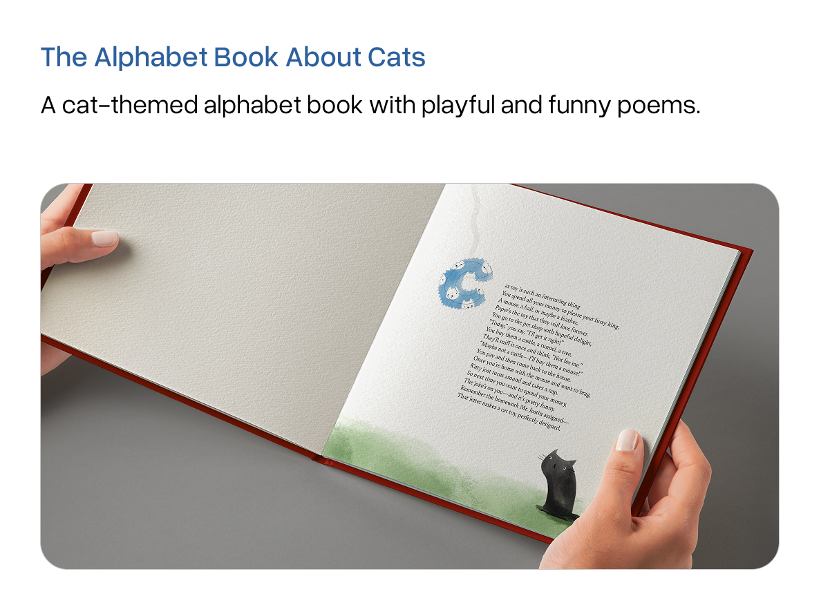 Preview image. An open book held in hands, showing a page with the letter C and a poem illustrated with a black cat sitting on a grass.