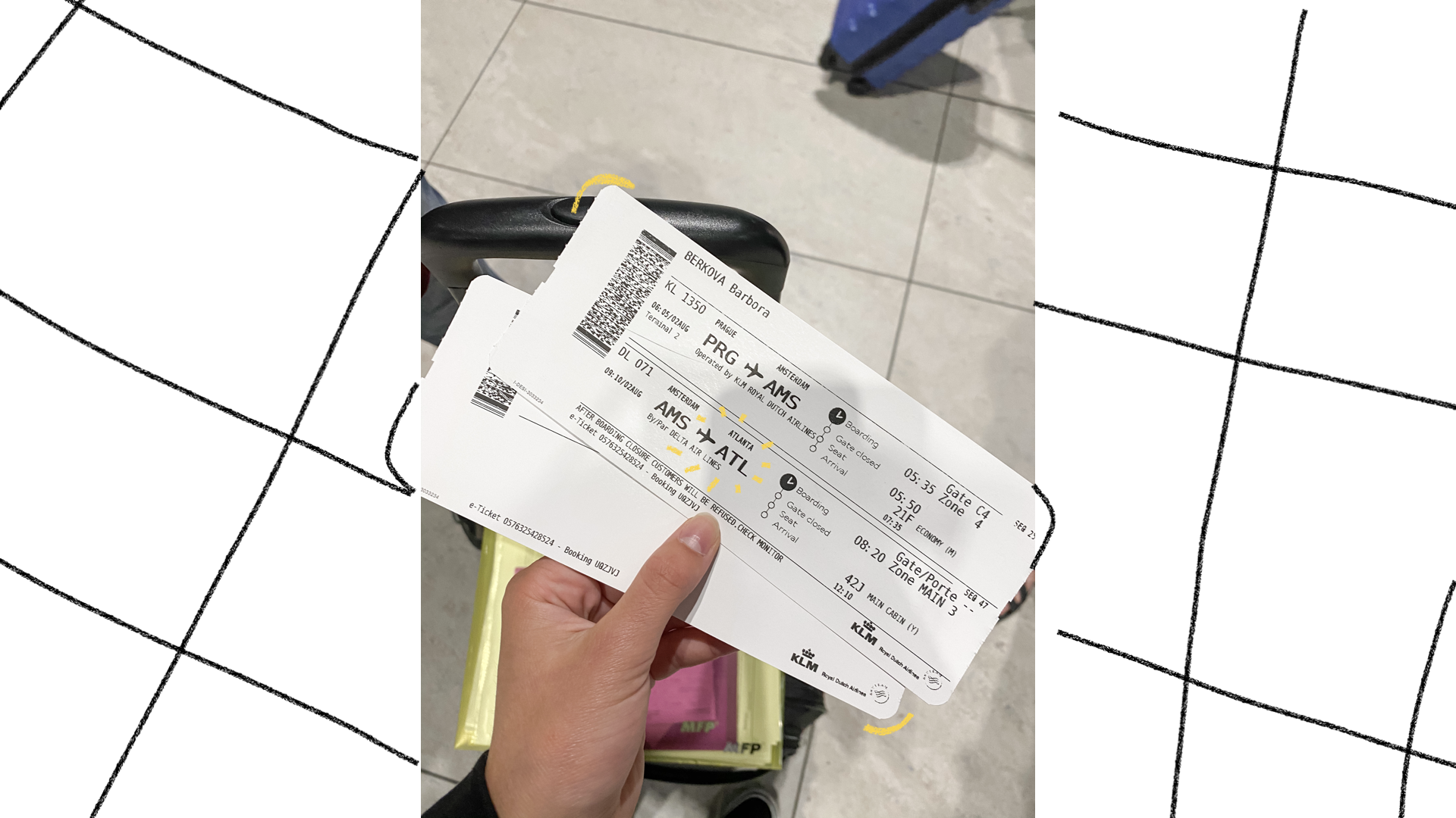 slide 8. Picture of plane tickets held in hand.