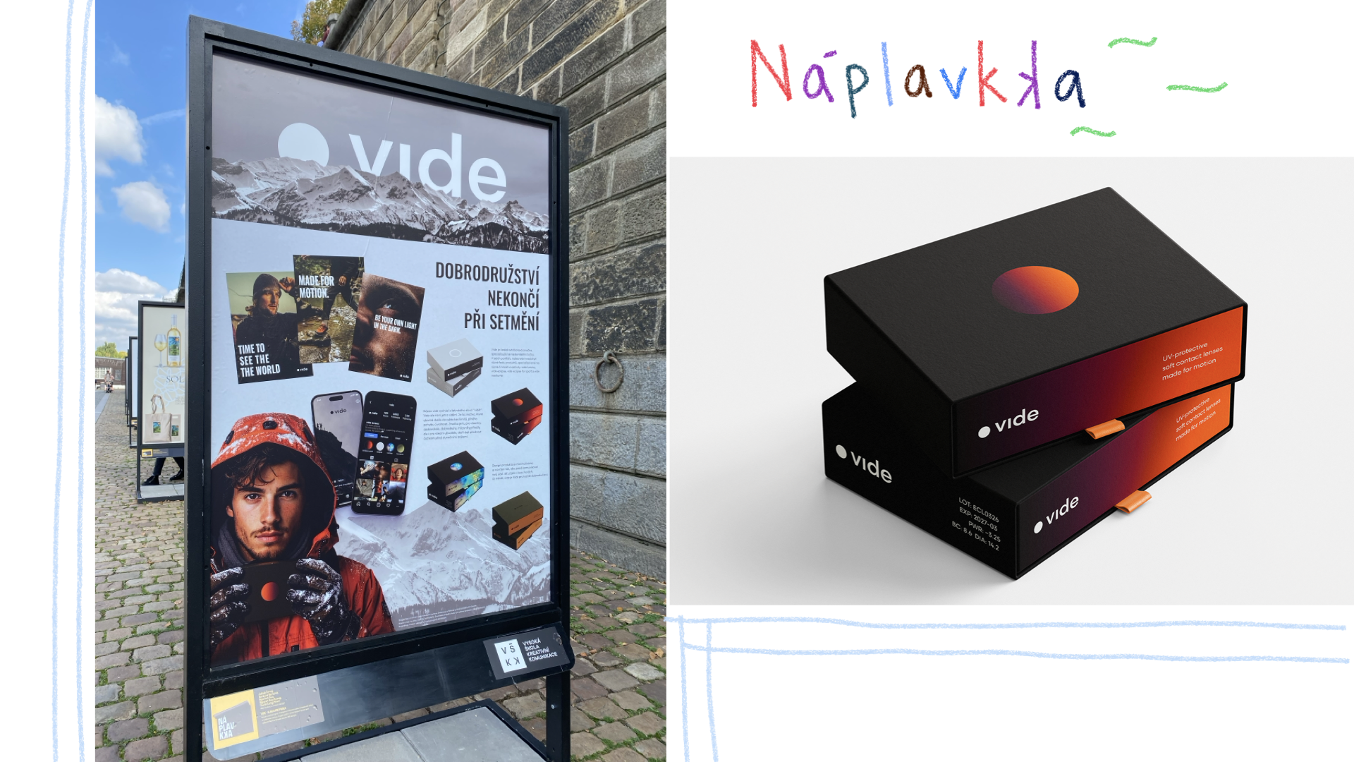 slide 19. Picture of a project being displayed outside and a packaging box od contact lenses.